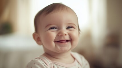Happy baby smiling against a warm, golden bokeh background, creating a soft and joyful atmosphere.