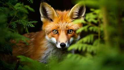 red fox peeking through lush green foliage, with its sharp golden eyes fixed intently, creating a sense of curiosity and connection with nature.