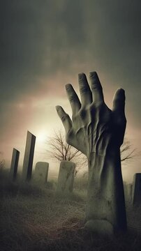 Halloween night background of numerous scary zombie hands risen up. Hands reaching out to the sky. Horror and fear concept. All Saints' Night at the Cemetery animation