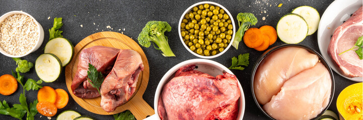 BARF food ingredients, healthy balanced diet for animal background. Biologically Appropriate Raw Food assortment for making barf trendy pet bowl
