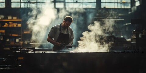 Blacksmith Cooling Metal in Workshop, Dramatic Steam Rising, Soft Light Highlights Artisanal Craftsmanship and Surroundings