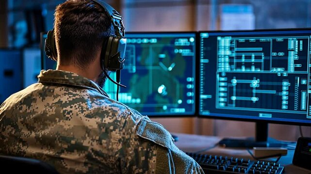 Military Personnel Analyzing Data on Dual Monitors in Command Center Generative AI