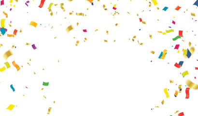 Celebration background template with confetti and colorful ribbons.