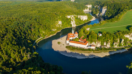 Aerial view of Weltenburg Monastery, Benedictine Abbey, on the Danube, Kelheim, Bavaria, Germany
