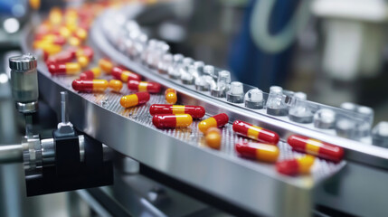 image showcases close up view of pharmaceutical production line, featuring colorful capsules moving along conveyor belt. vibrant colors and precise arrangement highlight innovative manufacturing