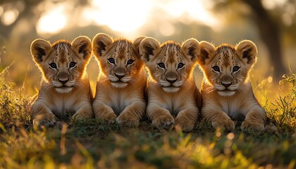 Obraz premium Four lion cubs huddled together on a grassy savanna, bathed in soft, morning light