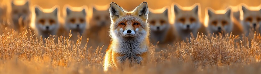 Fox looks upward while standing in a golden field