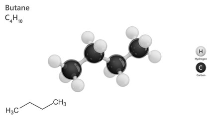 Chemical structure of Butane molecule C4H10. Butane is a colorless gas with a faint petroleum-like odor. It is used as a fuel, an aerosol propellant and to make other chemicals. 3d illustration