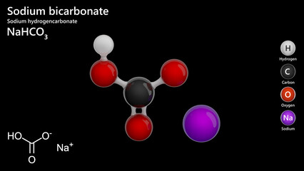 Sodium bicarbonate (NaHCO3) exists as white crystalline powder with various applications such as being used as an antacid and a good anti-caking agent. Black background. 3d illustration