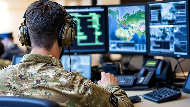 Military Personnel Monitors Data on Multiple Screens Generative AI