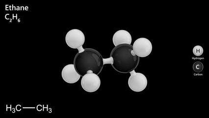 A structure of the Ethane molecule with chemical formula C2H6. Ethane is a colorless, odorless gas. Its chief use is as feedstock for ethylene production. Black background. 3d illustration