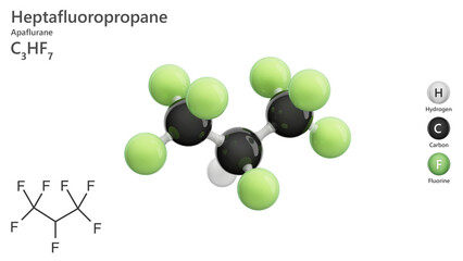 The 2d structure and a 3d model of molecule Heptafluoropropane. C3HF7. It is a colorless, odorless gaseous halocarbon, commonly used as a gas extinguishing agent. White background. 3d illustration