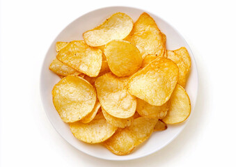 Plate with classic salted potato crisps chips snack on white background.Top view.AI Generative.