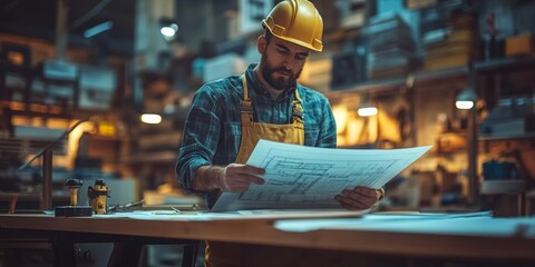 Fototapeta premium Carpenter reviewing blueprints at a workbench, organized workspace in soft lighting, blurred office background enhancing focus on craftsmanship
