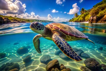 Green sea turtle swimming near coral reef in tropical waters