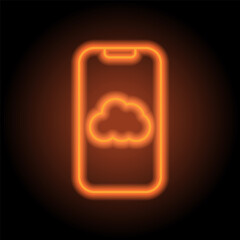 Mobile phone with cloud simple icon vector. Flat design. Orange neon on black background