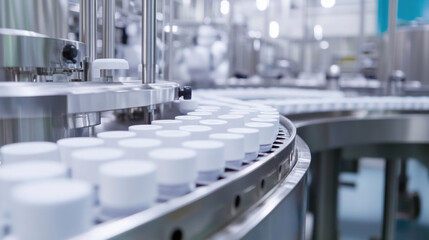 Automated pharmaceutical production lines showcase advanced technology in clean environment. image highlights precision and efficiency of modern manufacturing processes
