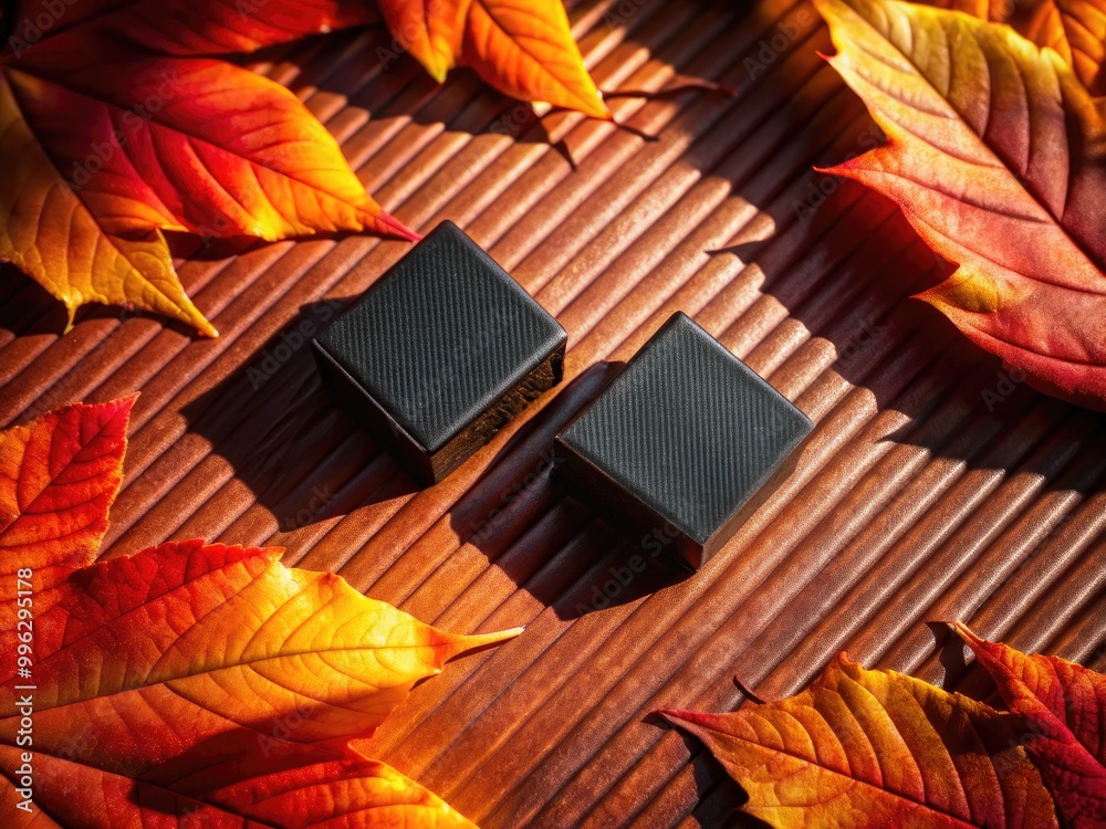 Sticker Matte black gift boxes placed on a textured autumn leaf backdrop.