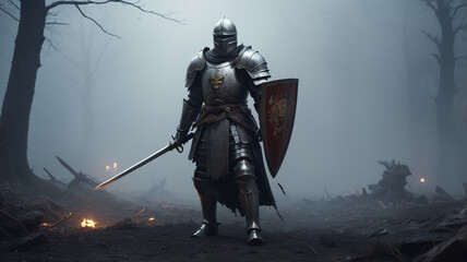 Obraz premium Battered Knight in Medieval Armor in a Foggy Forest