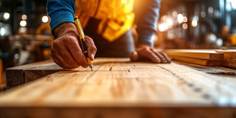 Carpenter at Work, precise measurements and markings on wood, vibrant construction site backdrop, bright lights highlighting craftsmanship