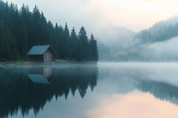 Fototapeta premium Tranquil Retreat: Mountain Cabin by the Lake at Sunrise