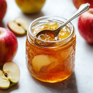Homemade apple jam in jar with apple slices and fresh apples.