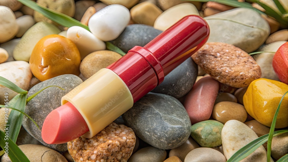 Wall mural Red lipstick resting on a bed of smooth river stones.