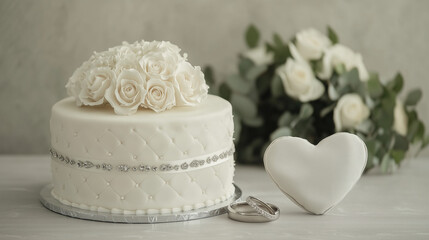 Wedding cake with white roses, heart ornament, and wedding rings.