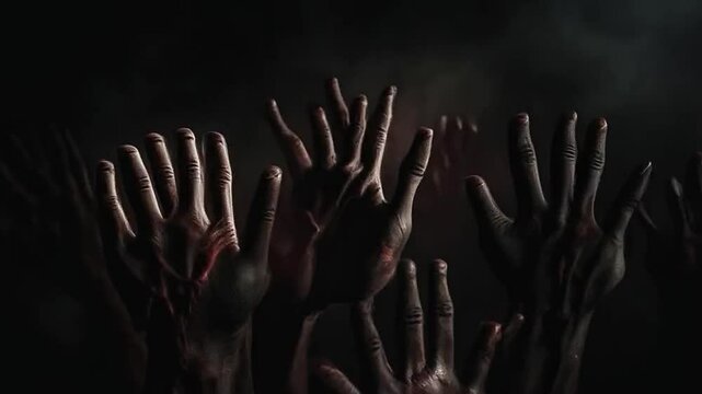 Halloween night background of numerous scary zombie hands risen up. Hands reaching out to the sky. Horror and fear concept. All Saints' Night at the Cemetery animation