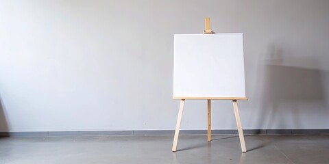 Blank canvas on an easel waiting for a creative touch in a neutral studio space.