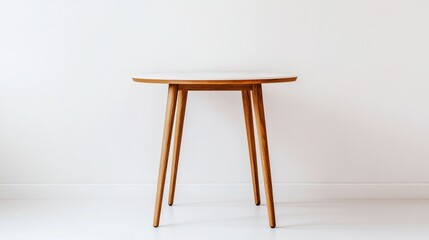 A modern, minimalist round table with wooden legs, set against a clean white background, showcasing Scandinavian design.