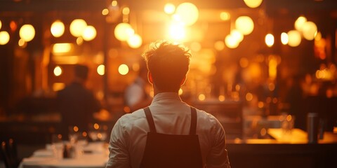 Chef coordinating with kitchen team amid warm overhead lighting, softly blurred dining area creating an inviting atmosphere
