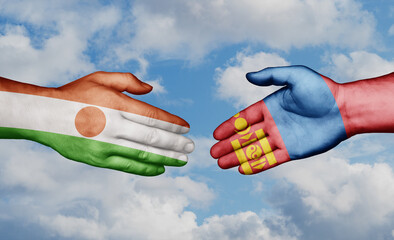 Mongolia and Niger country handshaking with flags, consensus concept international co-operation illustration
