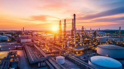 A large industrial complex at dusk, showcasing towering structures and illuminated pipelines against vibrant sunset. scene symbolizes reward of industrial progress and innovation