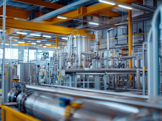 Fototapeta premium A modern industrial center featuring advanced equipment and machinery, showcasing complex network of pipes and tanks. vibrant yellow beams enhance contemporary atmosphere of this thriving facility