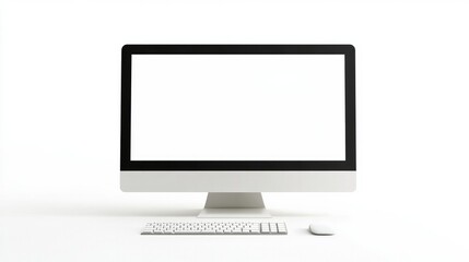 Fototapeta premium A sleek desktop computer with a blank white screen, isolated on a white background, perfect for tech presentations or web design concepts.