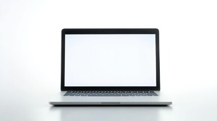 Fototapeta premium A sleek silver laptop with a blank white screen, set against a white background, ideal for tech product displays or digital marketing concepts.