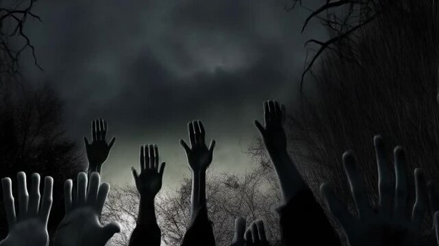 Halloween night background of numerous scary zombie hands risen up. Hands reaching out to the sky. Horror and fear concept. All Saints' Night at the Cemetery animation