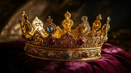 stunning golden crown adorned with intricate designs and colorful gemstones, resting elegantly on plush velvet surface. This regal piece exudes luxury and sophistication, perfect for royal occasions