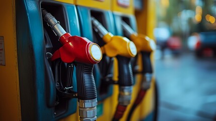 Fuel crane gaz equipment filling guns at the gas station. Colorfull fuel gasoline dispenser background. Fuel pumps station close up, copy space. Horizontal banner, poster