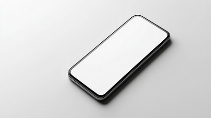 A smartphone with a white screen, resting on a white background, ideal for mobile app advertising or minimal tech presentations.