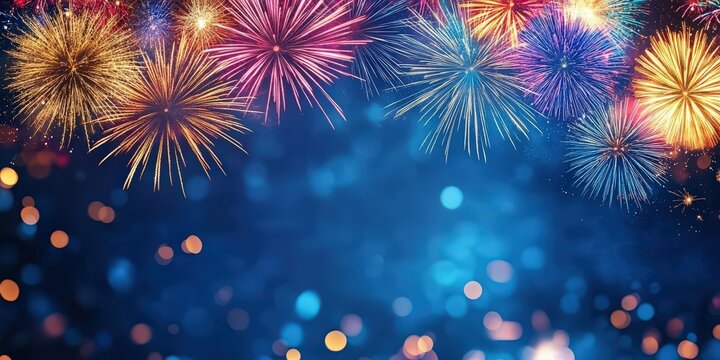 Vibrant Fireworks Display Against Dark Blue Sky