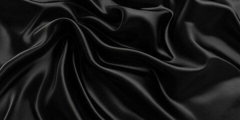 Fototapeta premium Close-up shot of smooth black satin fabric with intricate waves and folds, highlighting texture and sheen.