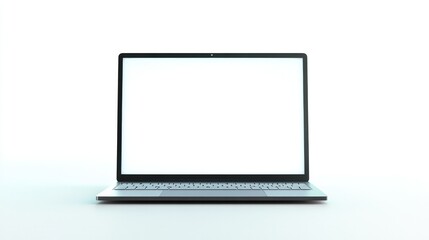 Fototapeta premium A thin laptop with a white screen on a white background, showcasing minimalist technology and sleek design.