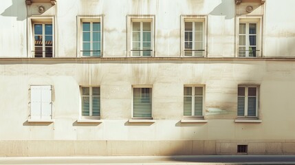 Obraz premium Modern Parisian building, minimalist facade, facing a wall with windows and doors, warm sunlight, tranquil urban setting, no people around.