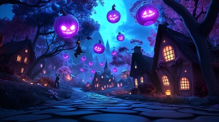 Fototapeta premium Enchanted Halloween Village Under a Night Sky