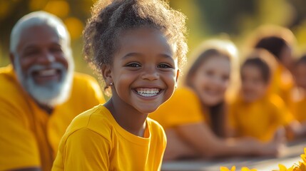 A large family reunion, everyone dressed in yellow shirts, gathered around a picnic table, laughing and enjoying a beautiful sunny day outdoors