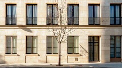 Obraz premium Modern Parisian building, minimalist facade, full wall with windows and doors, warm sunlight, peaceful urban scene, no people around.