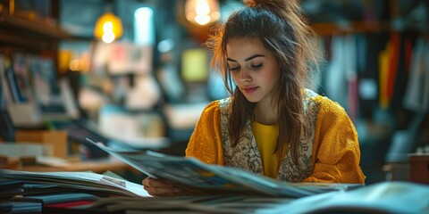 Fashion designer immersed in magazines, design studio softly blurred, bright lights illuminating creative inspiration