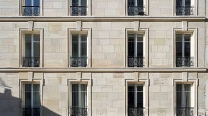 Obraz premium Modern Parisian building, minimalist facade, full wall with windows and doors, sunny afternoon light, tranquil urban scene, no people around.